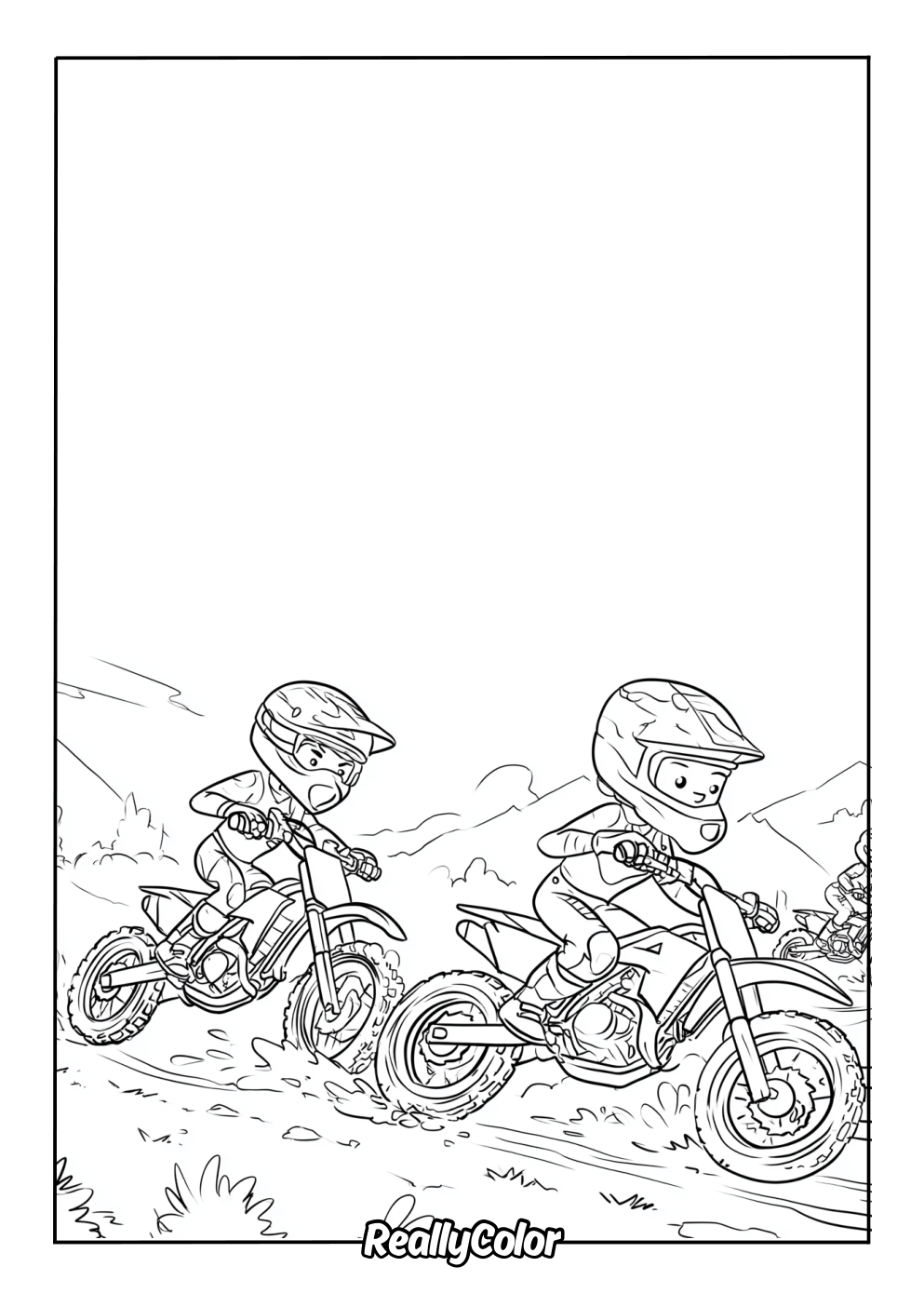 Two dirt bikes riding coloring page