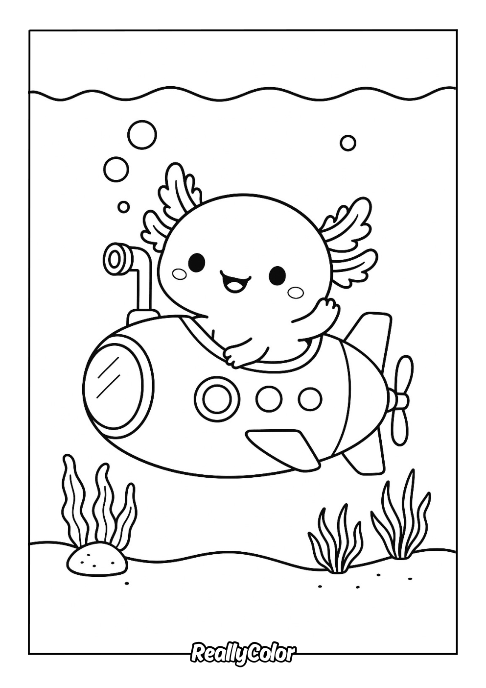 Axolotl in a submarine coloring page