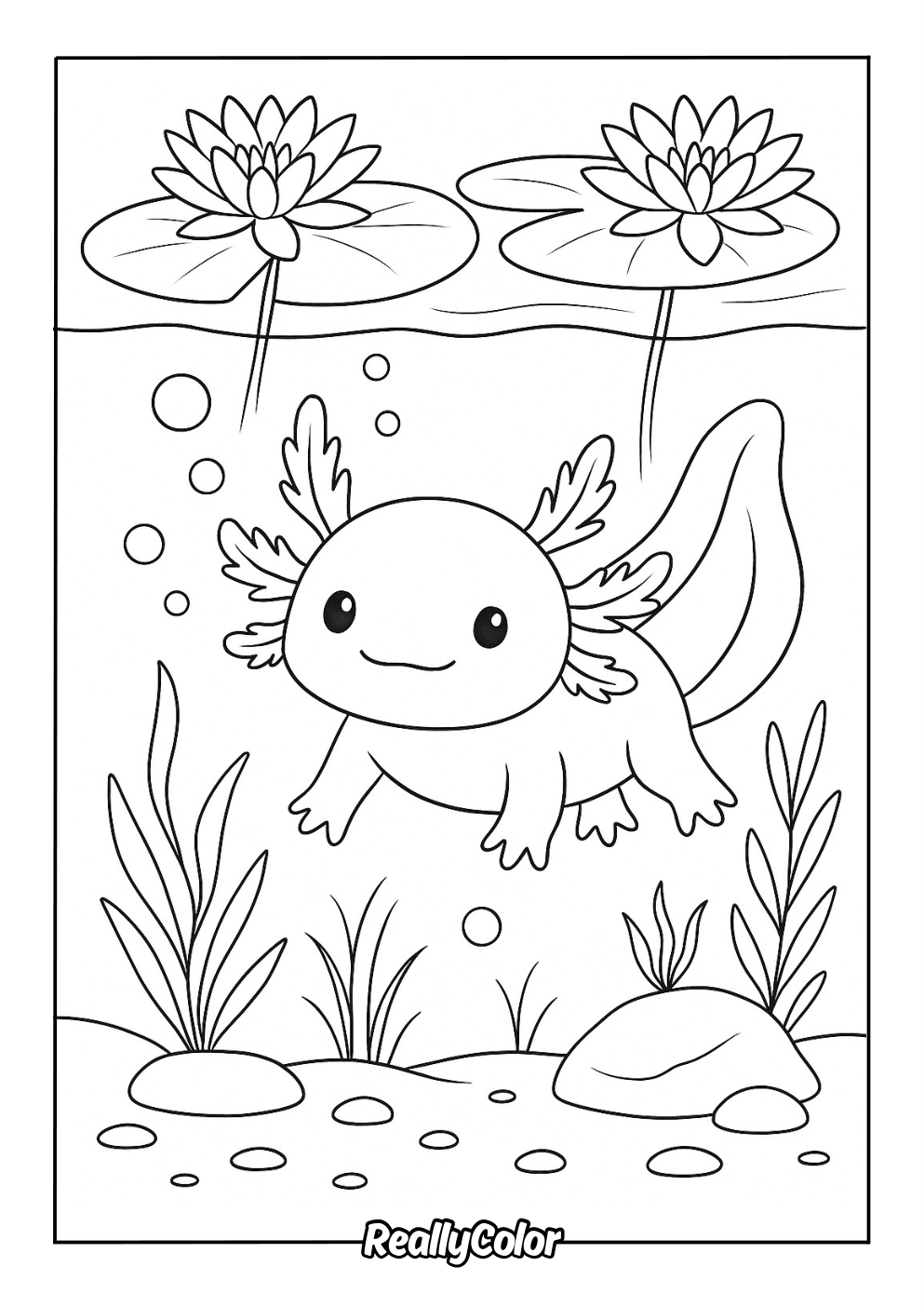 Axolotl in a swamp coloring page
