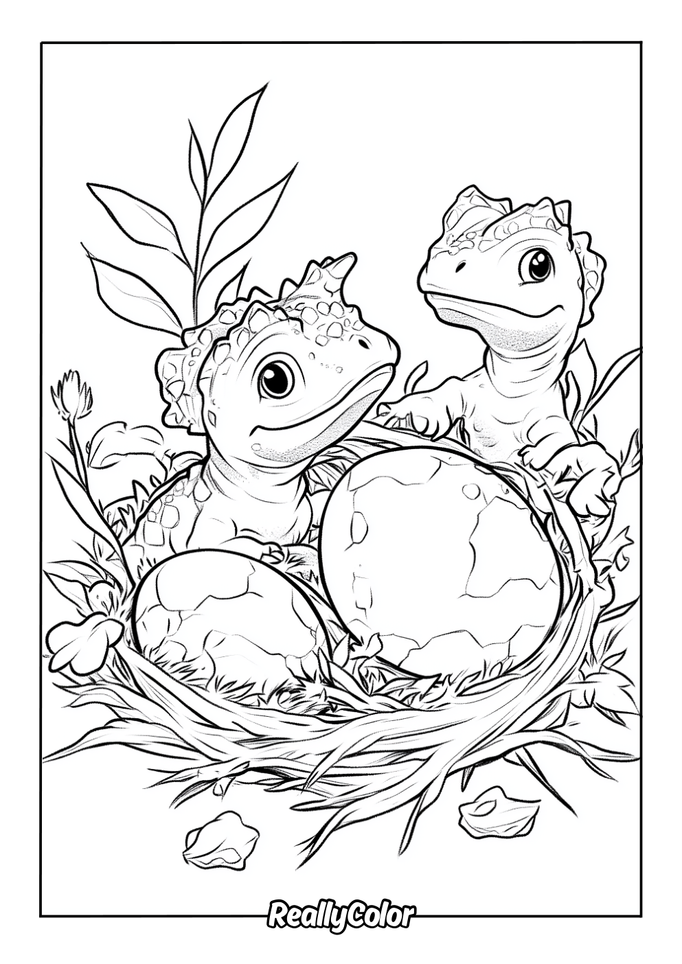 Baby dino hatching eggs coloring page