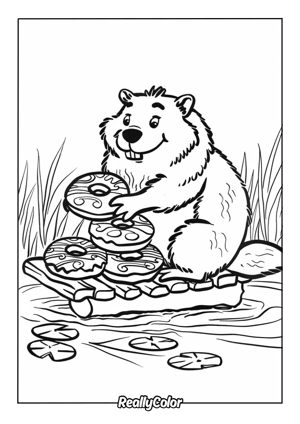 Beaver eating donuts coloring page