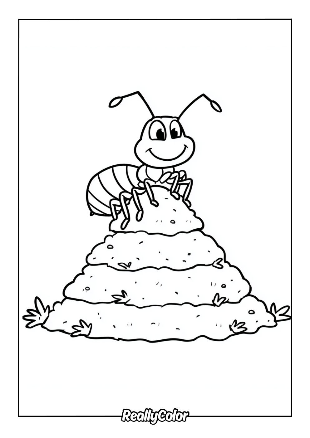 Cartoon ant on its anthill coloring page
