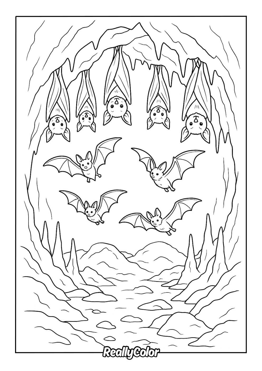 Cartoon coloring page of a bat’s cave