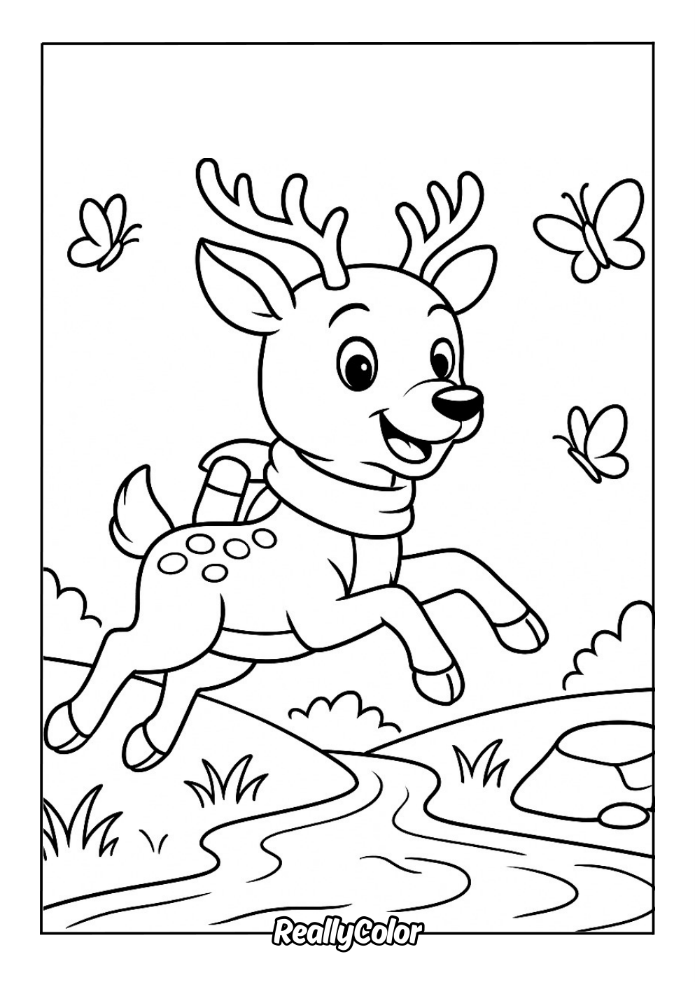 Cartoon deer crossing a river to color