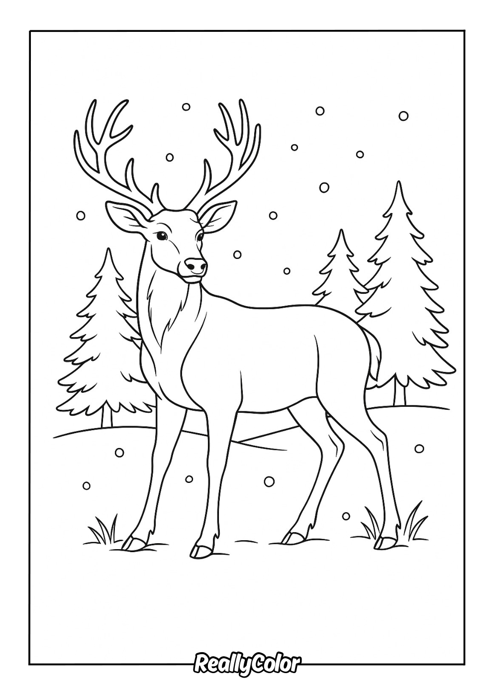 Coloring page of a big deer in snowy winter