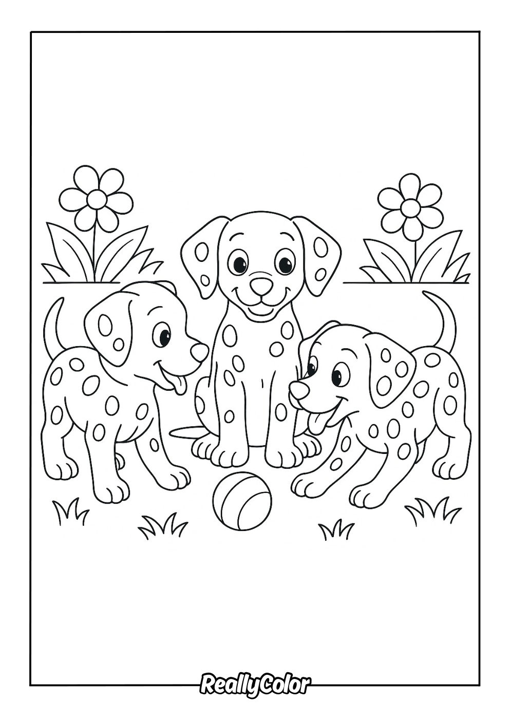 Coloring page of cute dalmatian dogs playing