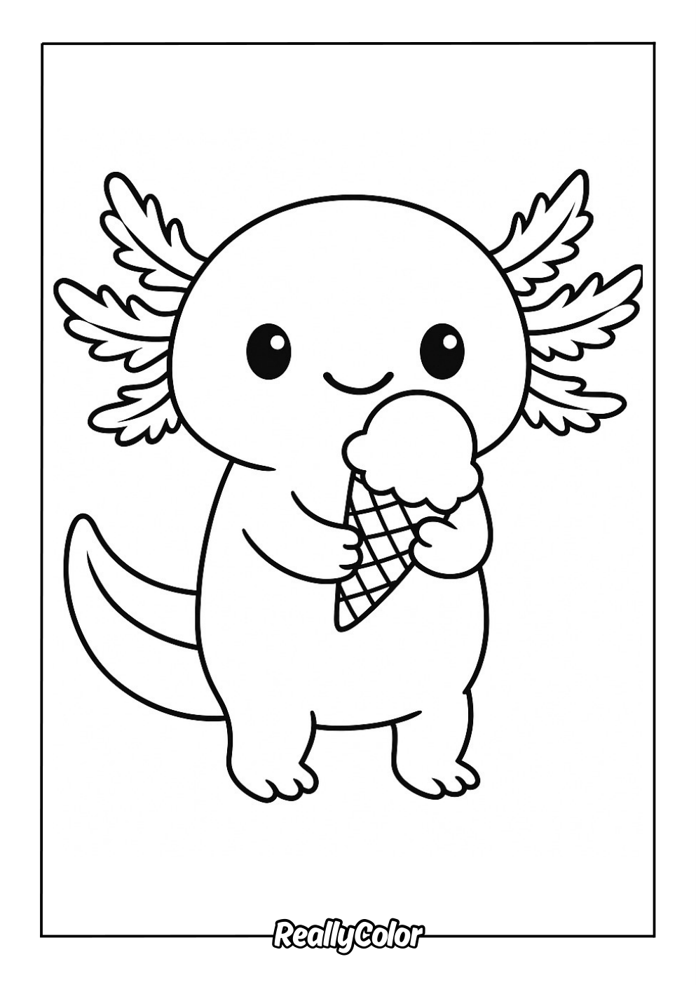 Cute axolotl eating ice cream coloring page
