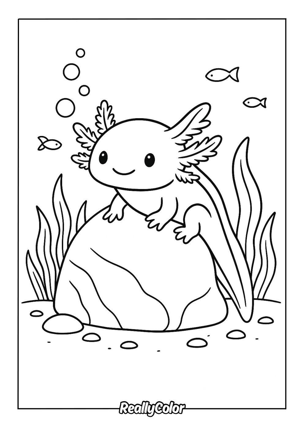 Cute axolotl resting on a rock coloring page