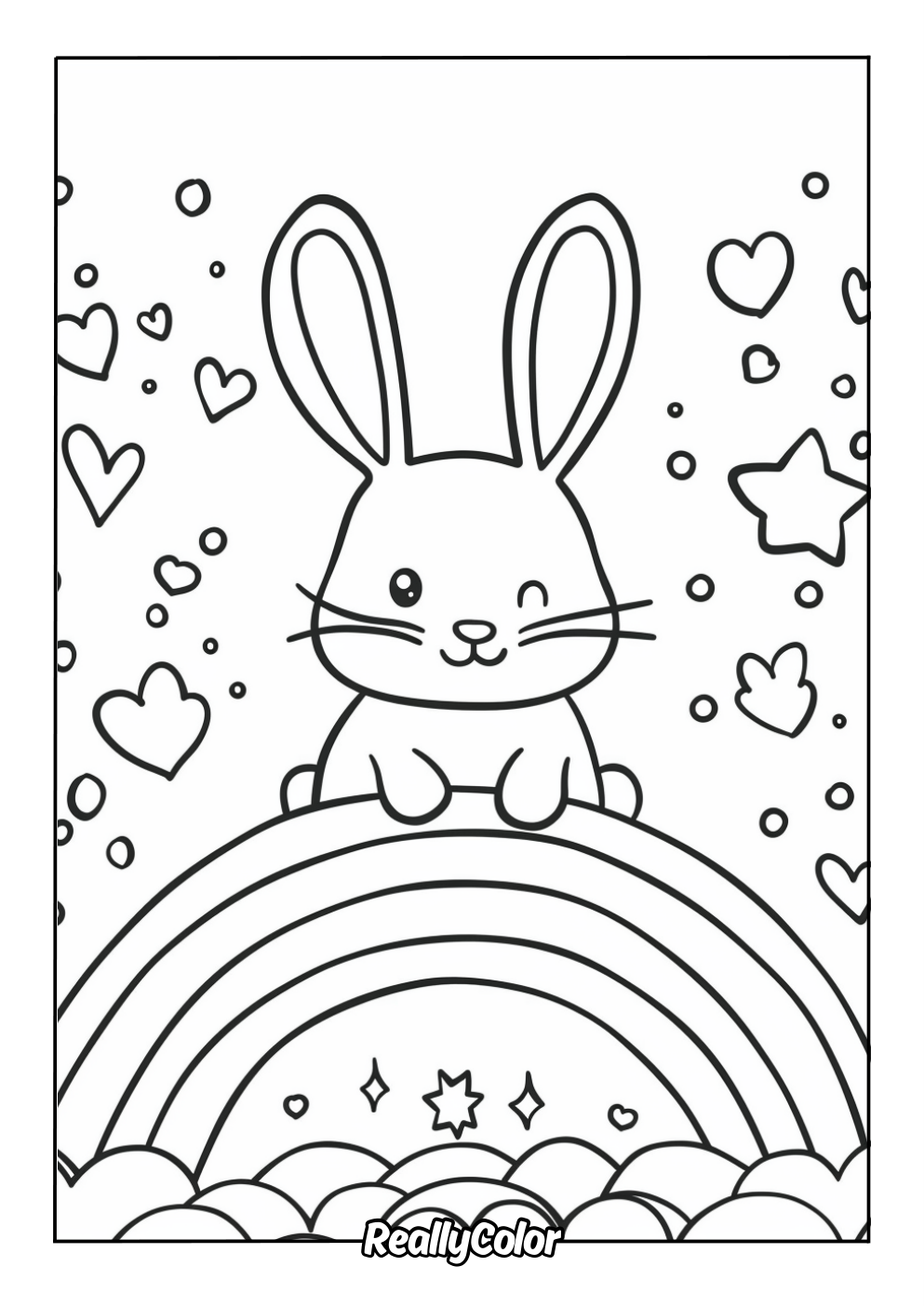 Cute bunny on a rainbow coloring page