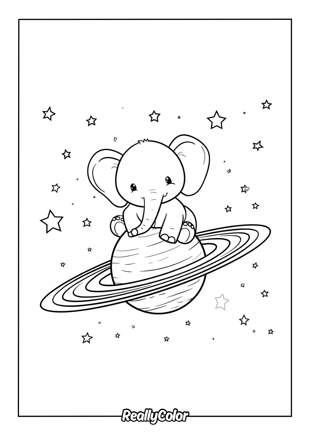 Cute elephant on a planet coloring page