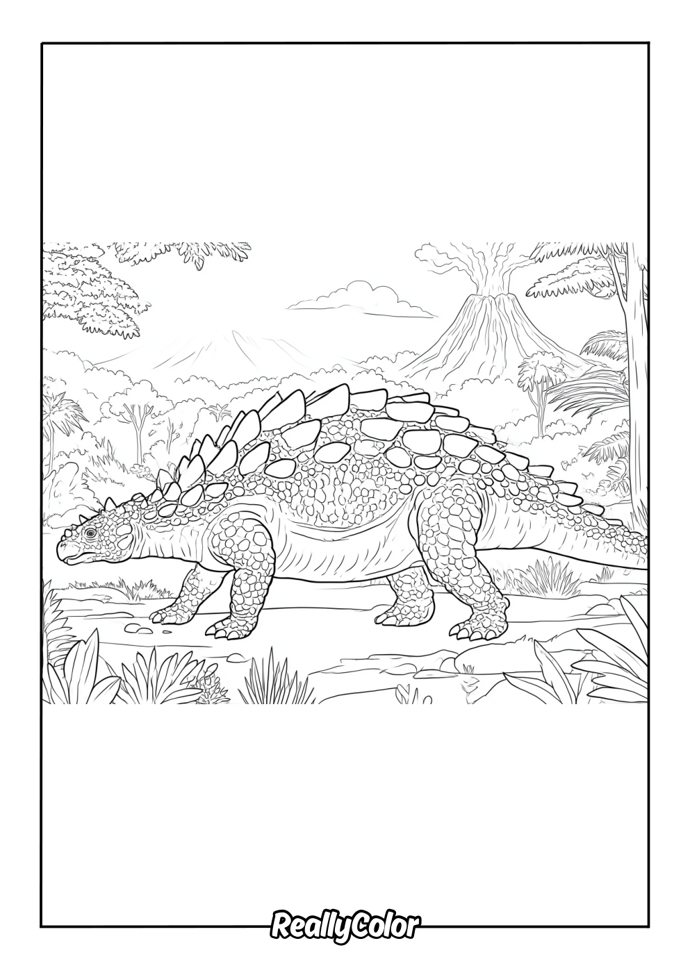Detailed coloring page of an ankylosaurus