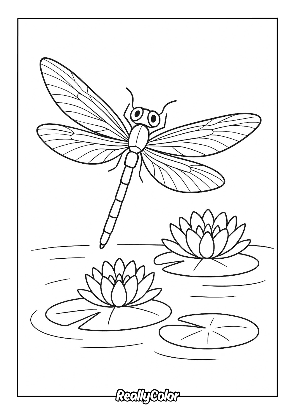 Fun cartoon dragonfly color page for kids