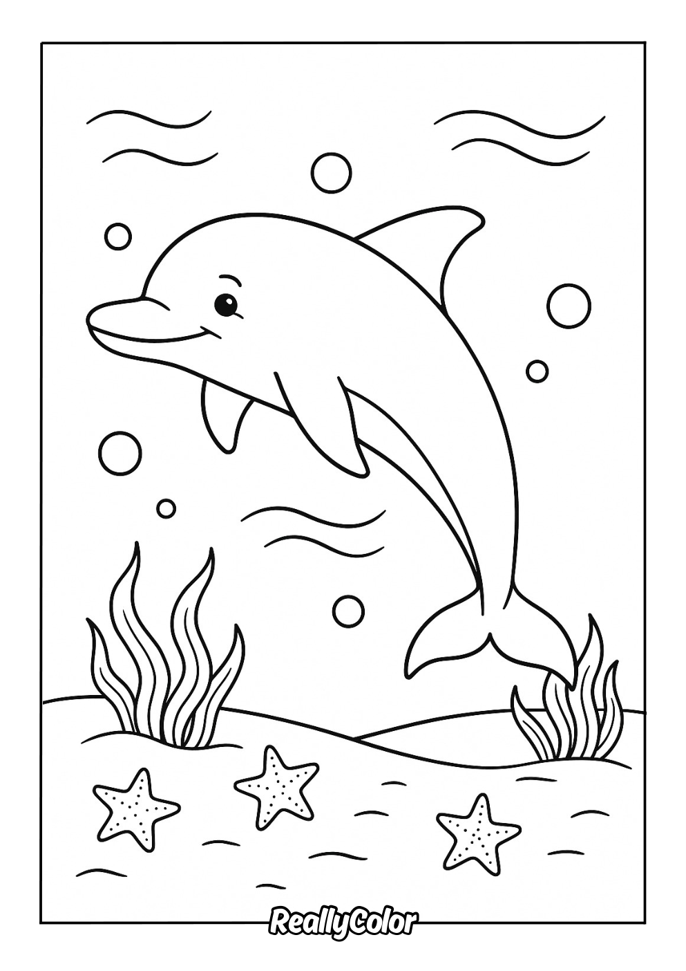Kids coloring page of dolphin in the deep sea