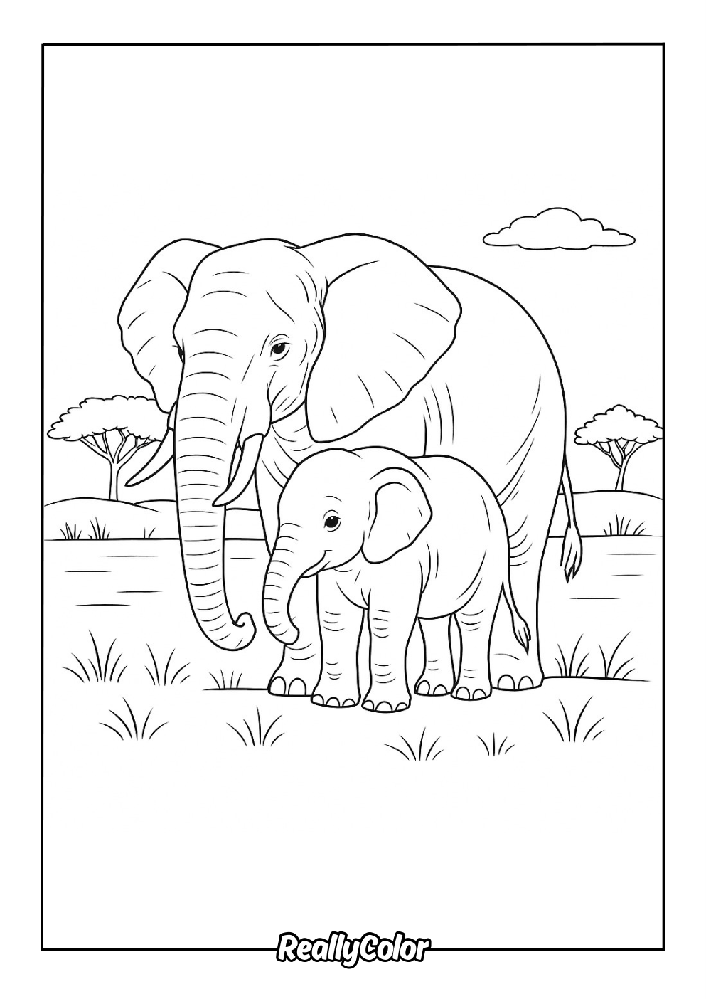 Mother elephant with her baby coloring page