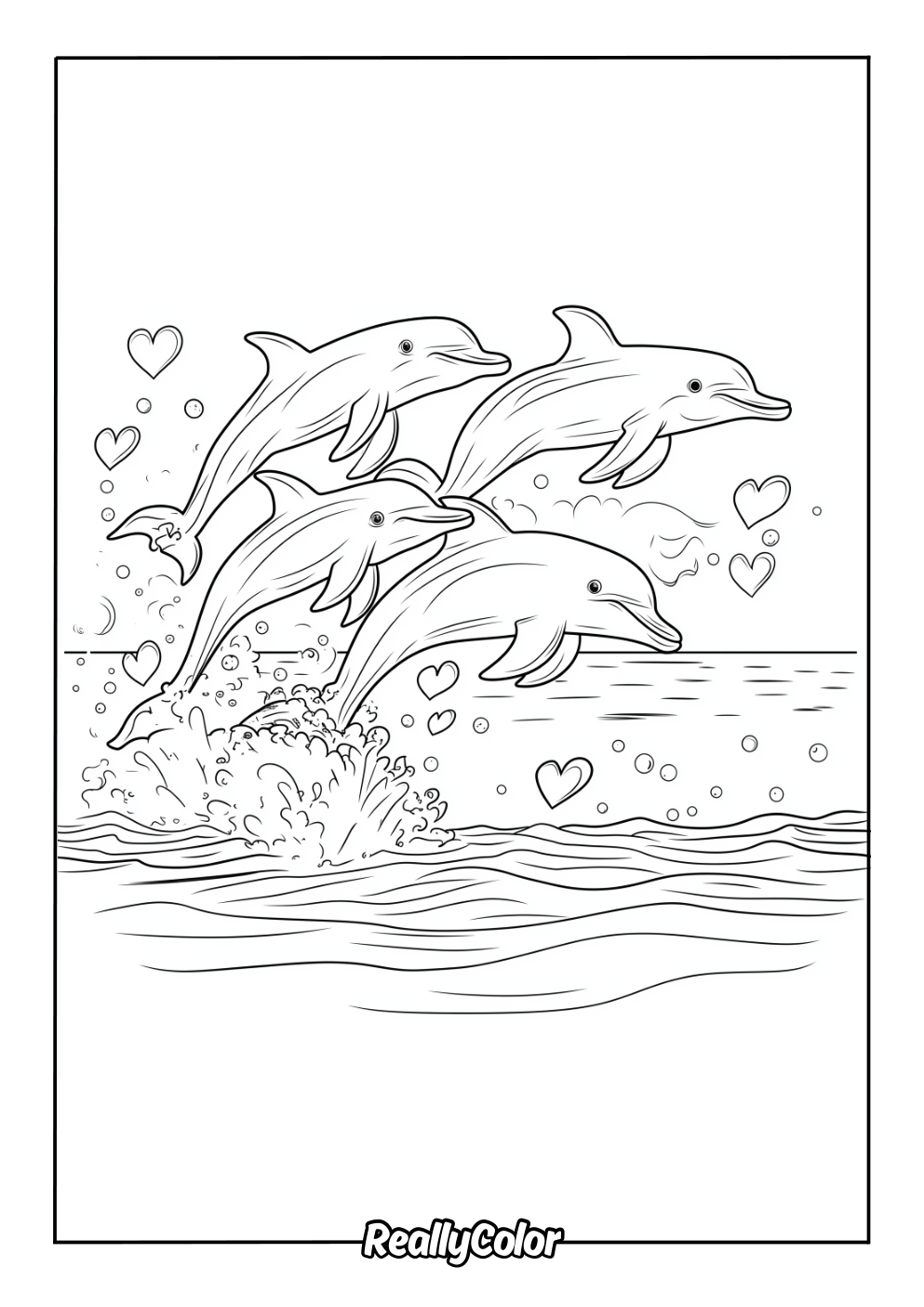 Pod of dolphins swimming coloring page